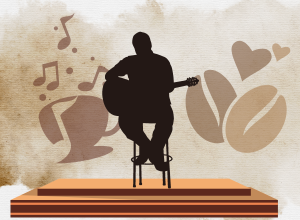 Silhouette of a man playing guitar on a small stage, with coffee-colored artwork of music, coffee mugs, coffee beans, and hearts behind him.
