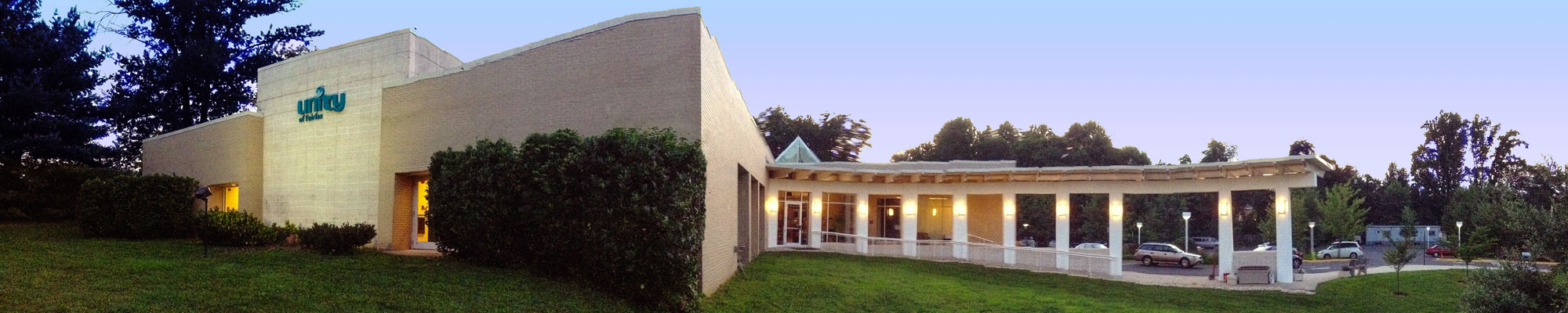 A panoramic exterior photo of Unity of Fairfax.
