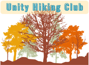 Artwork of trees on a landscape, using autumn colors. At the top is text, “Unity Hiking Club”.