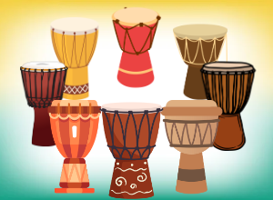 Artwork of djembe hand drums, arranged in a circle