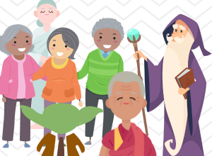 Colorful artwork of several senior people, a wizard, the Dalai Lama, and Grandmaster Yoda