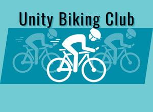 2-D artwork silhouette of speeding bicyclists. Above them, text reads: “Unity Biking Club”.
