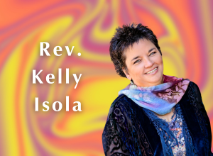 A photo of Rev. Kelly Isola on a background of swirling of psychedelic colors